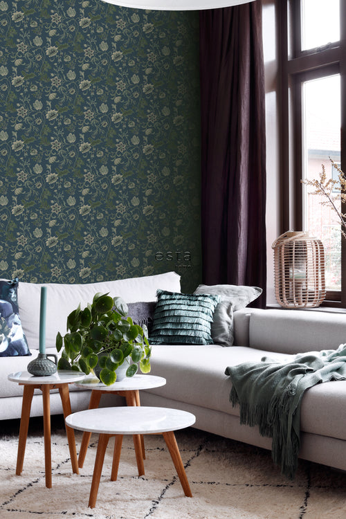 ESTAhome behang vintage bloemen donkerblauw en groen - 53 cm x 10.05 m - 139416