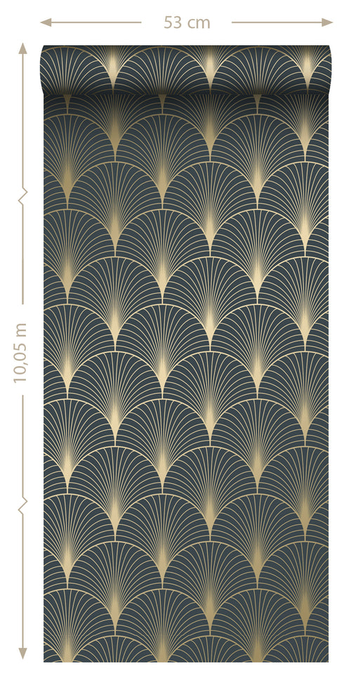 ESTAhome behang art deco motief donkerblauw en goud - 53 cm x 10.05 m - 139231