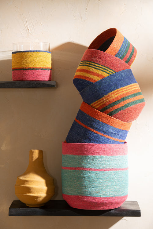 J-Line mand Rond Met Kleine Voet + Strepen - zeegras - 3 stuks - vtwonen shop