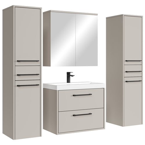 Badplaats Badkamermeubel Set Florence 60 cm XL – Beige – Hangend Badmeubel met Wastafel, Spiegelkast en Zijkasten