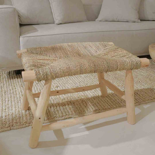 MÔMÉ Bankje Tulum - naturel - hout/zeegras - 65 x 40 x 40 cm - boho look - vtwonen shop