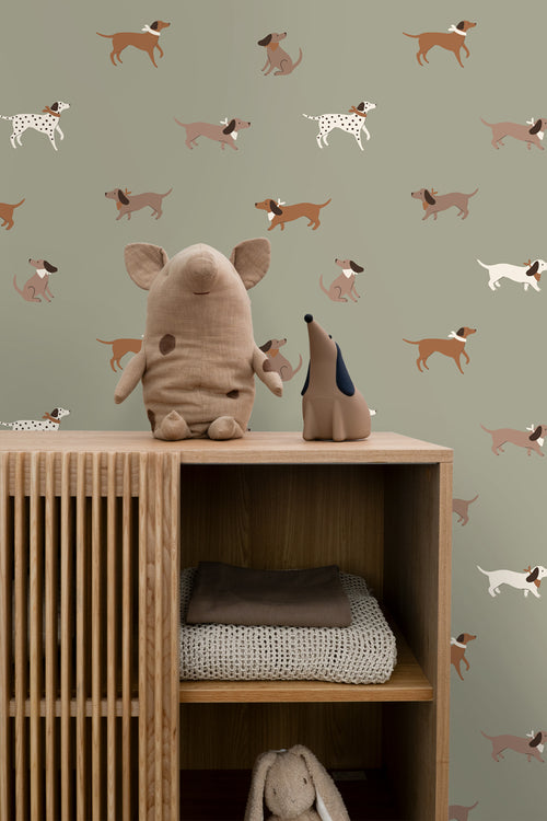 ESTAhome behang honden groen en bruin - 50 x 900 cm - 131382