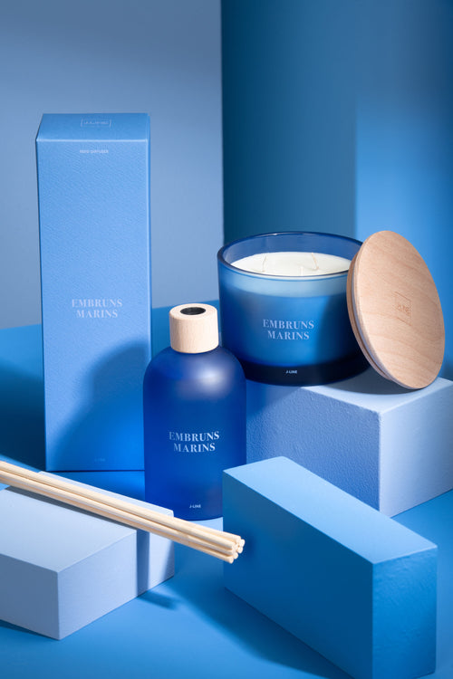J-Line geurolie + stokjes Accords Essentiels - Embruns Marins - blauw - 250 ml