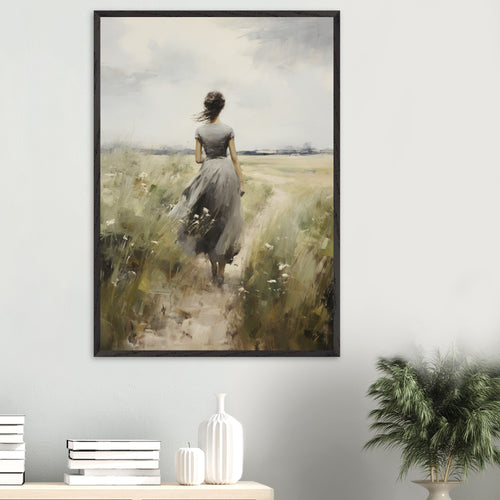Artfulprints Poster met Lijst Woman in flowerfield   - 50x70 cm - Groen