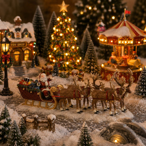Luville Originals Kerstman met Rendierenslee - Kerstversiering voor Kerstdorp Miniatuur - Kerst Decoratie met Rendieren en Cadeaus - L21 x B7 x H8 cm