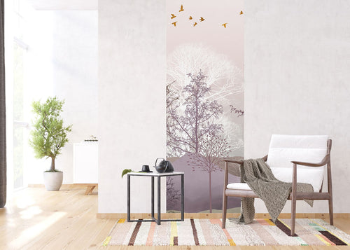 Sanders & Sanders poster berglandschap met bomen paars, beige en wit - 90 x 270 cm - 601076