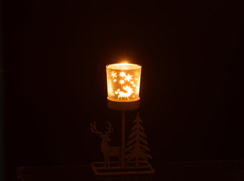J-Line theelichthouder Winter - ijzer - wit/rood