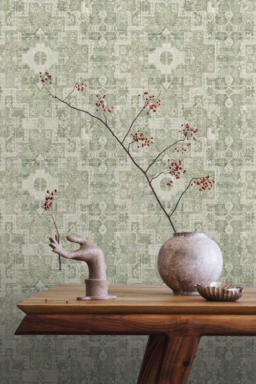 ESTAhome behang oosters kelim tapijt vergrijsd groen - 50 x 900 cm - 131358 - vtwonen shop