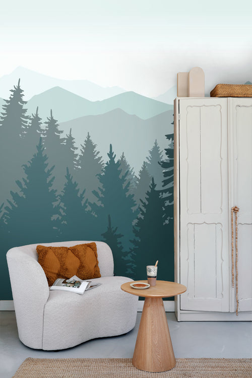Sanders & Sanders fotobehang berglandschap met bomen vergrijsd blauw - 375 x 270 cm - 600992 - vtwonen shop