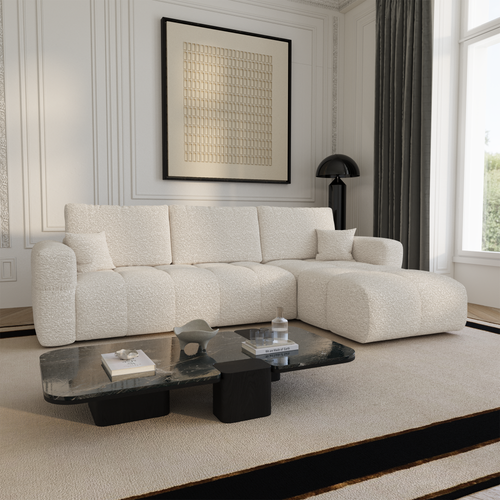 Premium Interiors - Rechthoekige hoekbank met slaapfunctie en opbergruimte VIBE - bouclé-stof crème 286cm