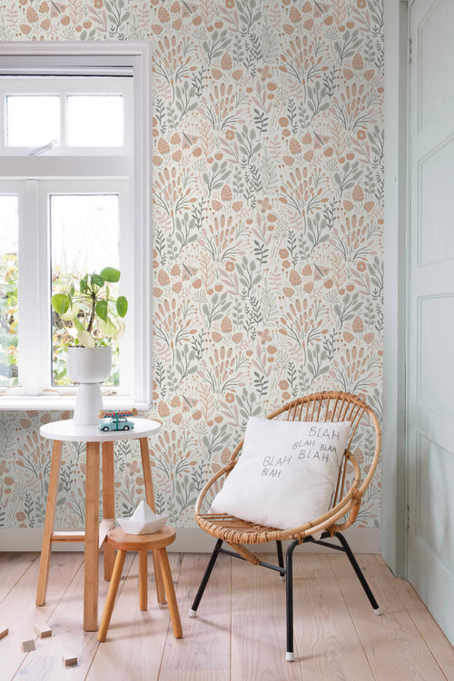 ESTAhome behang bladeren en bloemen lichtblauw en terracotta - 50 x 900 cm - 131387 - vtwonen shop