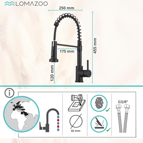 LOMAZOO keukenkraan Sapphire - met uittrekbare uitloop - mengkraan - zwart