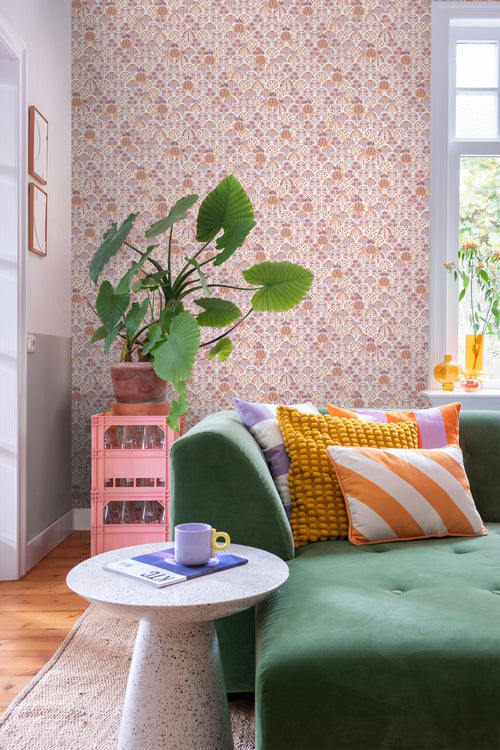 ESTAhome behang vintage bloemen in art nouveau stijl lila paars en oranje - 50 x 900 cm - 131510 - vtwonen shop