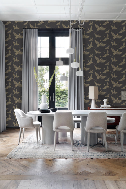 Origin Wallcoverings behang kraanvogels zwart en beige - 50 x 900 cm - 347810 - vtwonen shop