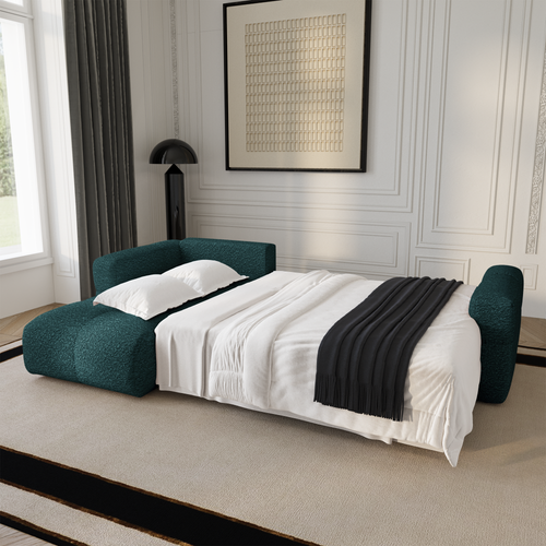 Premium Interiors - Linkshoekbank met slaapfunctie en opbergruimte VIBE - bouclé-stof eendblauw 286cm