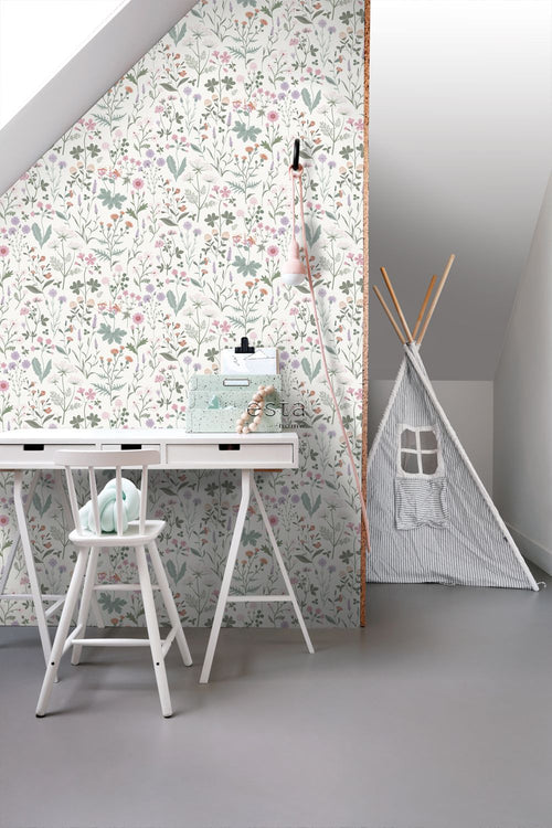 ESTAhome behang veldbloemen lila paars, roze en groen - 53 cm x 10.05 m - 139482