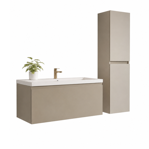 LOMAZOO badmeubelset Sorrento - met hoge kast & witte wastafel - greige - 100 cm