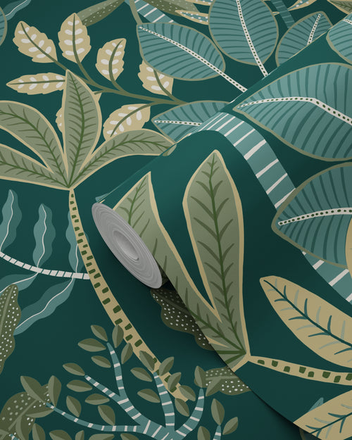ESTAhome behang bladeren donkerblauw en groen - 50 x 900 cm - 139681