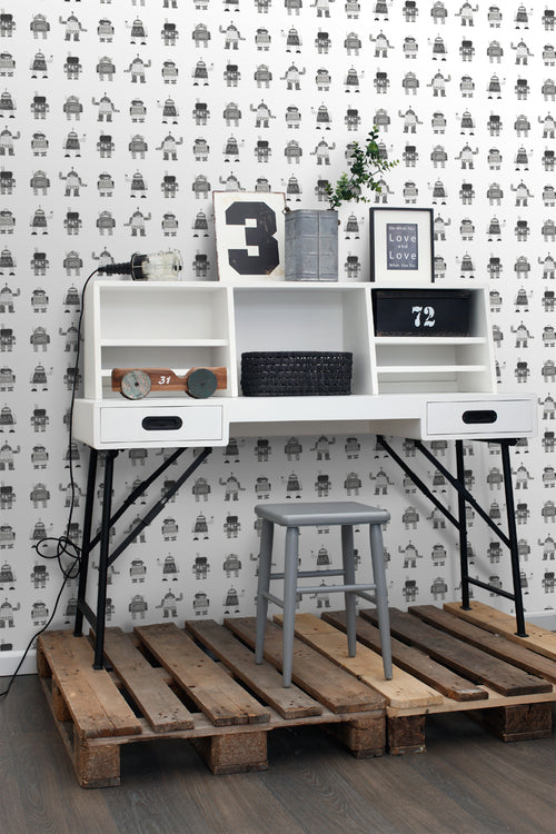 ESTAhome behang getekende vintage speelgoed robots zwart en wit - 53 cm x 10.05 m - 138939