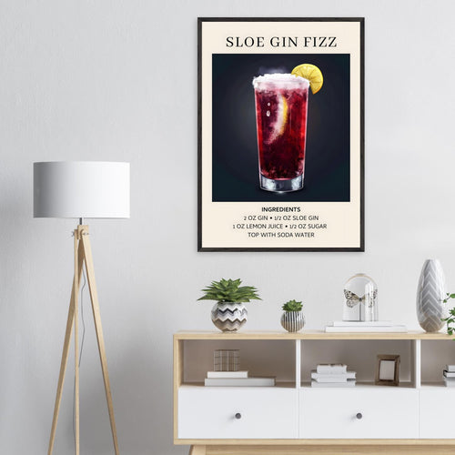 Artfulprints Poster met Lijst Sloe Gin Fizz cocktail - Ingrediënten   - A4 21x29.7 cm - Zwart