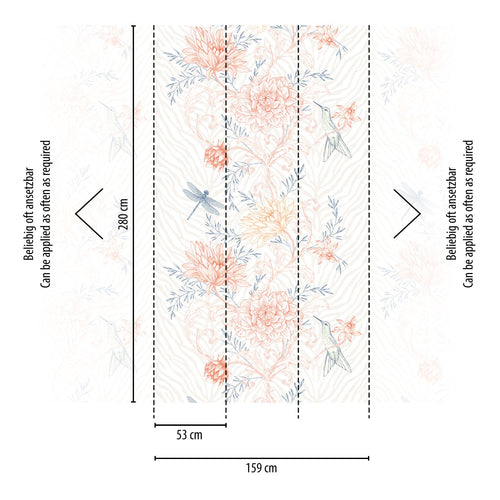 Livingwalls fotobehang bloemen en vogels meerkleurig, oranje, blauw en crème - 159 x 280 cm - AS-392011