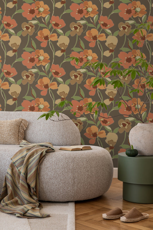 ESTAhome behang bloemen oranje en vergrijsd groen - 50 x 900 cm - 130990 - vtwonen shop