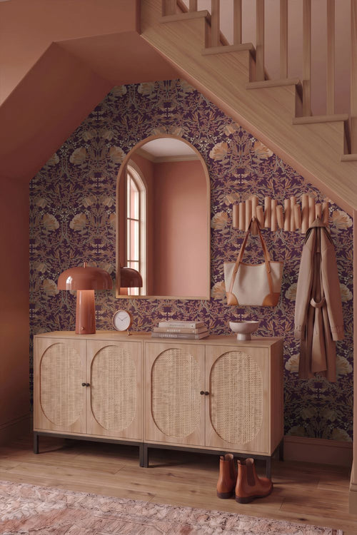 ESTAhome behang vintage bloemen in art nouveau stijl paars en terracotta - 50 x 900 cm - 132223