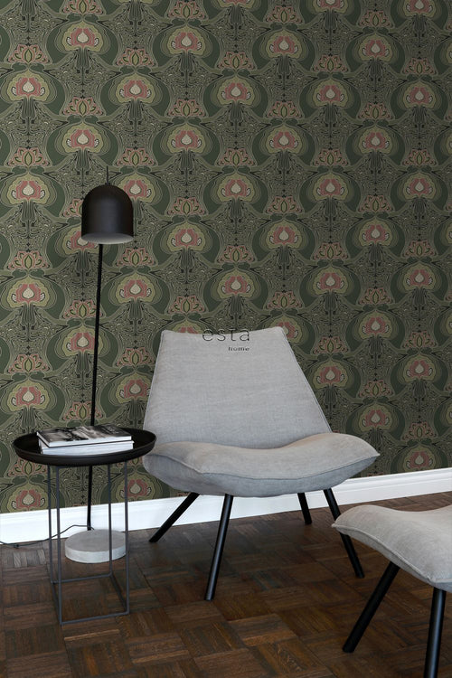 ESTAhome behang vintage bloemen in art nouveau stijl donkergroen - 53 cm x 10.05 m - 139571
