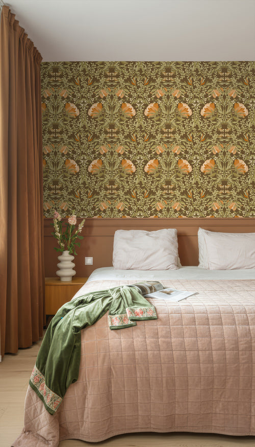 ESTAhome behang vintage bloemen in art nouveau stijl groen en oranje - 50 x 900 cm - 131730