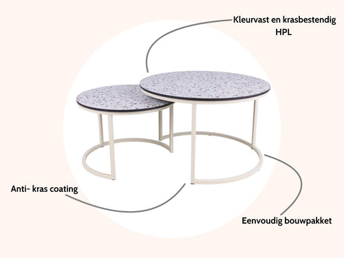 MaximaVida ronde salontafel set Lucca XL 75 en 58 cm ivoor – HPL terrazzo look