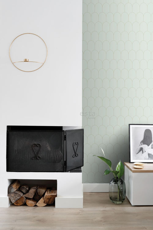 ESTAhome behang art deco motief mintgroen en goud - 53 cm x 10.05 m - 139202
