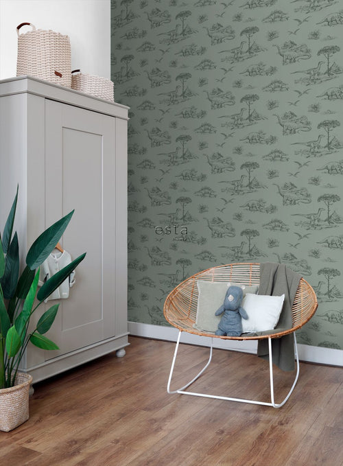 ESTAhome behang dinosaurussen vergrijsd groen - 53 cm x 10.05 m - 139358