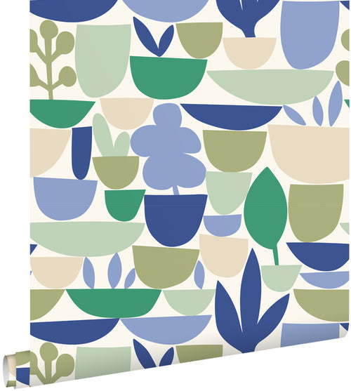 ESTAhome behang aardewerk en planten blauw en groen - 50 x 900 cm - 131076 - vtwonen shop