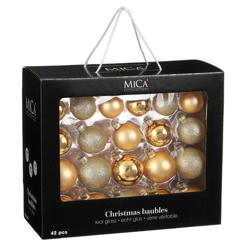 Mica Decorations Kerstballen - Set van 42 Glazen Kerstballen - Kerstversiering met Mat, Glans en Glitter - Piek Inbegrepen voor Complete Kerstboom -