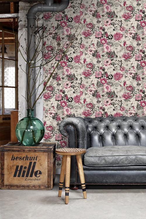 ESTAhome behang bloemen donker rood en beige - 53 cm x 10.05 m - 138505
