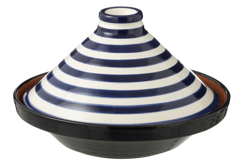 J-Line tajine Granada Stripes - keramiek - wit/blauw