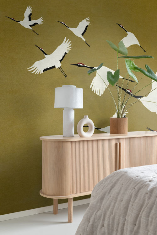 Origin Wallcoverings fotobehang kraanvogels okergeel - 300 x 300 cm - 357236