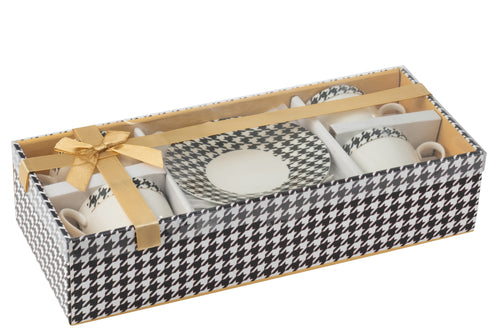 J-Line koffietas + bord Pied-Poule - porselein - wit/zwart - doos van 4