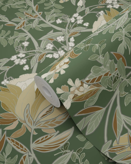 ESTAhome behang vintage bloemen in art nouveau stijl donkergroen - 53 cm x 10.05 m - 139420