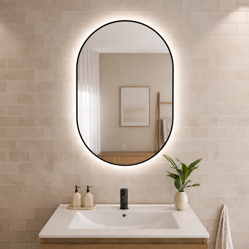 LOMAZOO badkamerspiegel Tanger - draaibaar - met LED verlichting & spiegelverwarming - ovaal - zwart - 90 x 60 cm