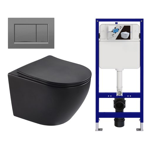 LOMAZOO hangtoiletset Linea - met inbouwreservoir & vierkante drukplaat - rond - gun metal / zwart