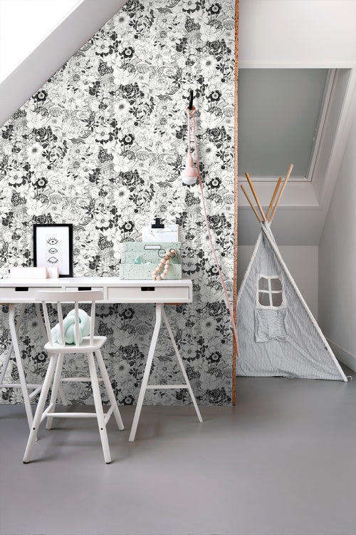 ESTAhome behang bloemen zwart en wit - 53 cm x 10.05 m - 138503 - vtwonen shop