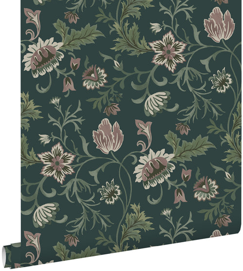 ESTAhome behang vintage bloemen antraciet grijs en groen - 53 cm x 10.05 m - 139415