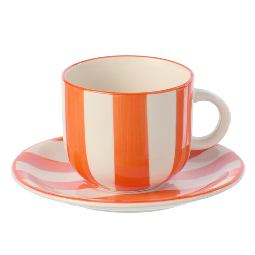 J-Line kopje + schoteltje Gestreept - keramiek - oranje/wit - 6 stuks
