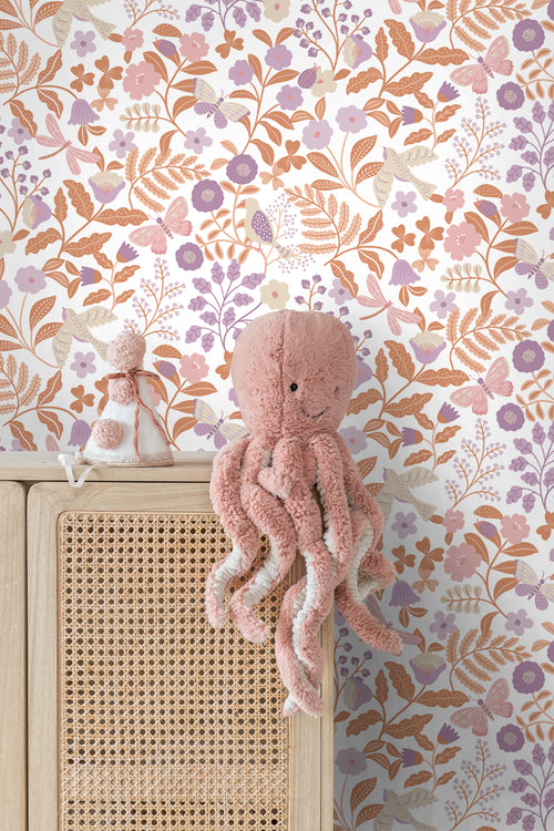 ESTAhome behang bloemen en vogels lila paars en terracotta - 53 cm x 10.05 m - 131392 - vtwonen shop