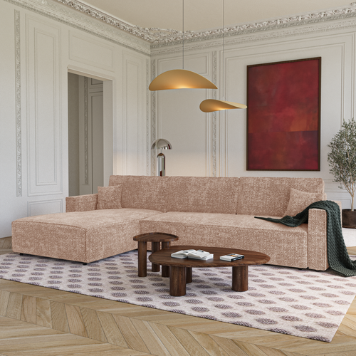 Premium Interiors - Linkshoekbank met slaapfunctie en opbergruimte  - stof met tweed-effect beige 197cm