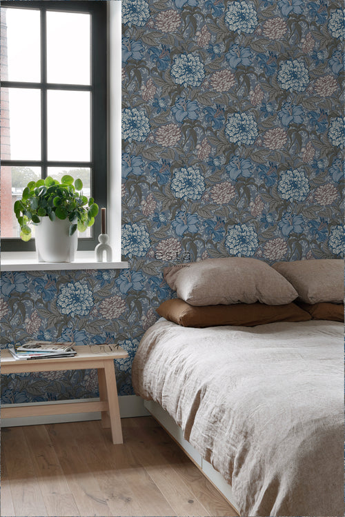 ESTAhome behang vintage bloemen vergrijsd blauw en warm grijs - 53 cm x 10.05 m - 139480
