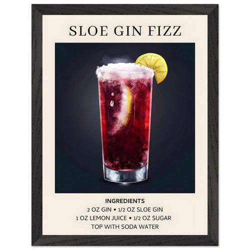 Artfulprints Poster met Lijst Sloe Gin Fizz cocktail - Ingrediënten   - 30x40 cm - Zwart