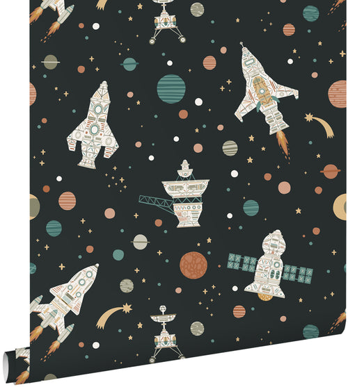 ESTAhome behang planeten in de ruimte zwart, groen en bruin - 50 x 900 cm - 132071