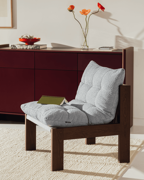 noo.ma Huno Lounge Chair - bouclé fauteuil, hout, Cocoa Brown & Desert Beige